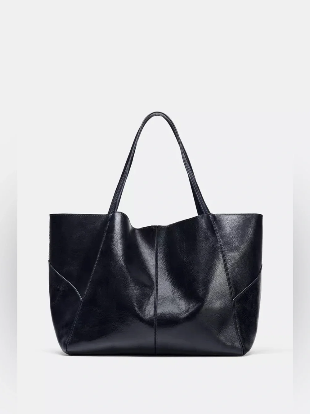 Maxi Genuine Leather Shopper Tote Bag in Navy